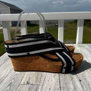 Lucky Brand Miller 2 Womens Tan Cork Wedges 11M Blue White Sandals Heels FLAW